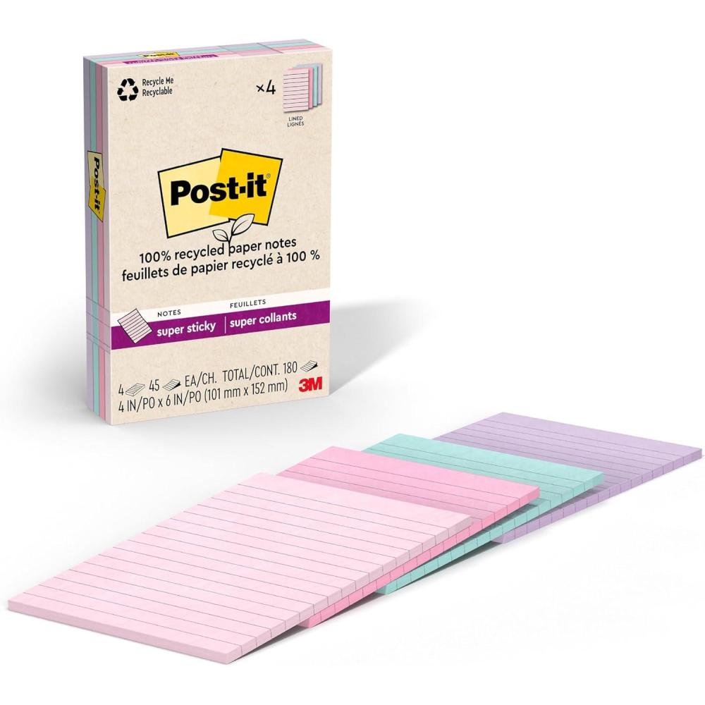 imagePostit 100 Recycled Paper Super Sticky Notes Lined 4 in x 6 in 4 Pads 45 Sheets per Pad Wanderlust Pastels School Supplies and Office ProductsWanderlust Pastels