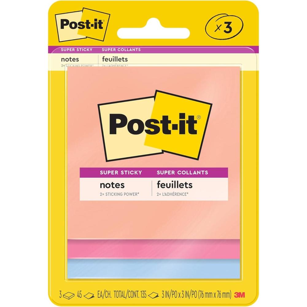 imagePostit Super Sticky Notes 3 Sticky Note Pads 3 x 3 in School Supplies for Students Ideal for Textbooks Notebooks Walls and Vertical Surfaces Energy Boost CollectionSummer Joy Collection