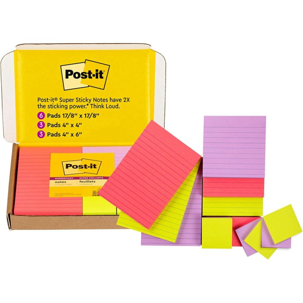 imagePostit Super Sticky Notes Bright Color Collection Pink Purple Green 12 PadsPack 90 SheetsPad Assorted Sizes 464212SSMX12Pads Pack of 8