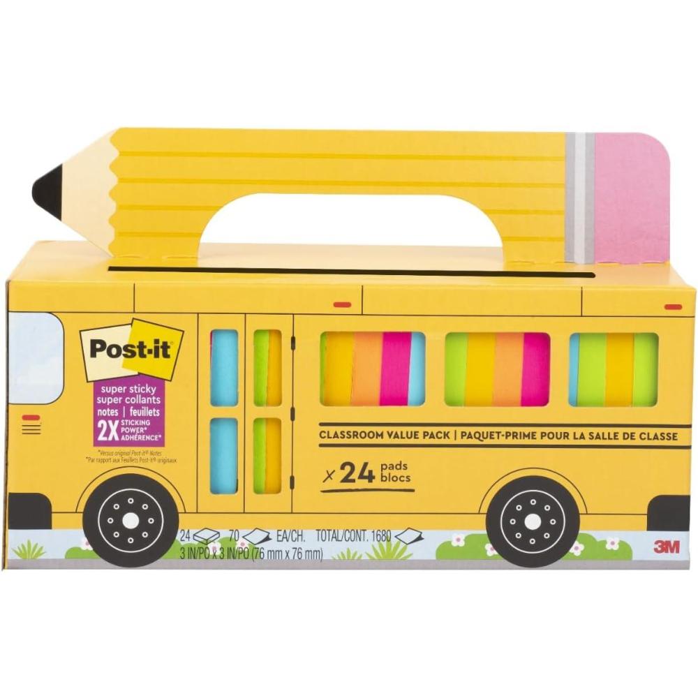 imagePostit Super Sticky Notes Value Pack 24 Pads Convenient School Bus Carry and Storage Case 2X The Sticking Power 3x3 in Bright Colors Orange Pink Blue Green Yellow Recyclable 65424SSBUS74 x 32