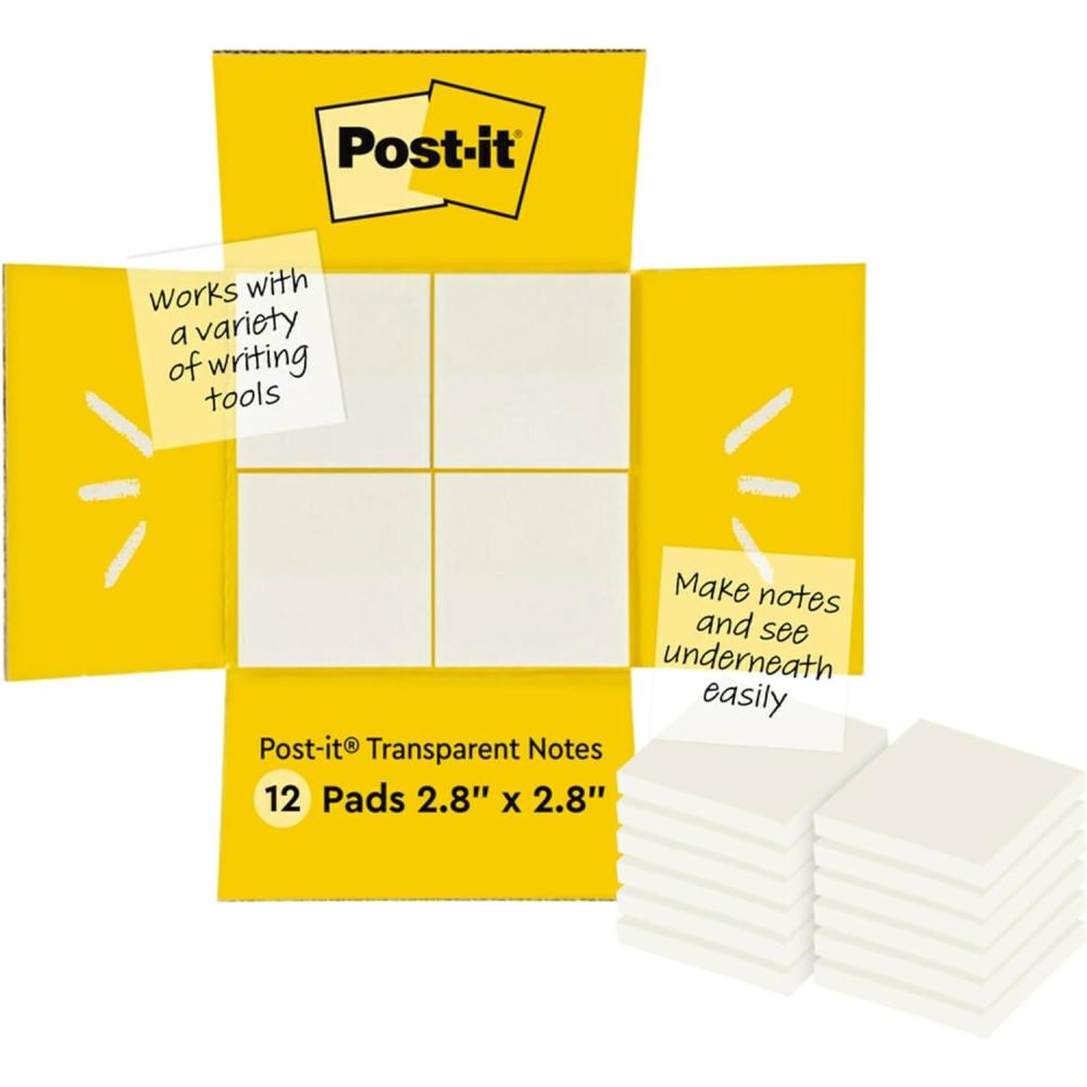 imagePostit Transparent Sticky Notes 3x3 in 12 PadsPack 36 SheetsPad Sticks Securely and Removes CleanlyClear Transparent