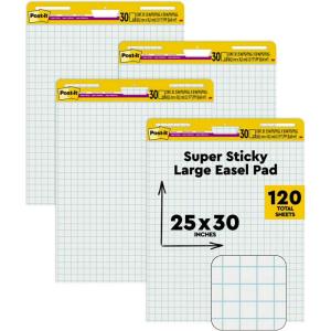 Post-it Super Sticky Easel Pad, Great for Virtual Teachers and Students, 25 x30 Inches, White with Grid, 30 Sheets/Pad, 4 Pads/Pack (560 VAD 4PK)