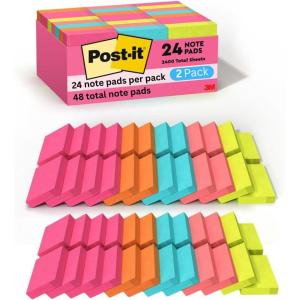 Post-it Mini Notes, 1 3/8 x 1 7/8 in, 24 Pads, America’s #1 Favorite Sticky Notes, Poptimistic Post-it Notes, Power Pink, Aqua Blue, Vital Orange, Neon Green, Guava Pink(2 Pack)