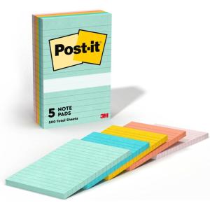 Post-it Notes, 4 in x 6 in, 5 Lined Sticky Note Pads, 100 Sheets per Pad, Beachside Café Collection, School Supplies and Office Products(6.1″ x 4.9″)