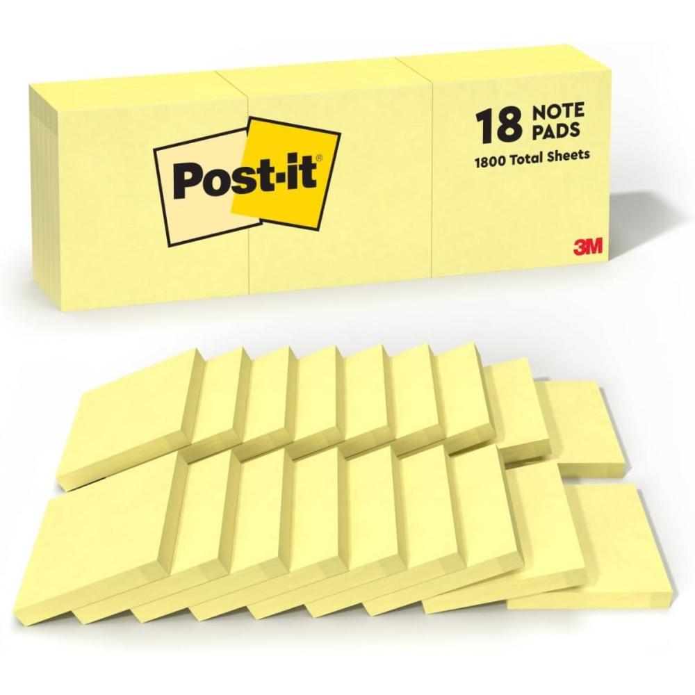 imagePostit Notes 3 in x 3 in 18 Sticky Notes Pads 100 Sheets per Pad The Iconic Canary Yellow Note School Supplies and Oce Products3 in x 3 in