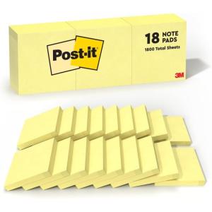 Post-it Notes, 3 in x 3 in, 18 Sticky Notes Pads, 100 Sheets per Pad, The Iconic Canary Yellow Note, School Supplies and Oﬃce Products(3 in x 3 in)
