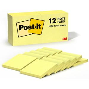 Post-it Notes 3×3 in, 12 Pads, America’s #1 Favorite Sticky Notes, Canary Yellow, Clean Removal, Recyclable (654)(12 Count)
