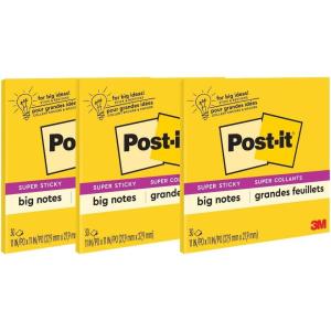 Post-it Super Sticky Big Notes, 11 in x 11 in, 1 Pad, 2X The Sticking Power, Yellow, Recyclable (BN11)(3)