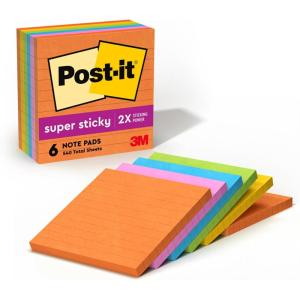 Post-it Super Sticky Lined Notes, 6 Sticky Note Pads, 4 x 4 in., School Supplies, Office Products, Sticky Notes for Vertical Surfaces, Monitors, Walls and Windows, Energy Boost Collection(2.4″ x 4″ (Pack of 12))