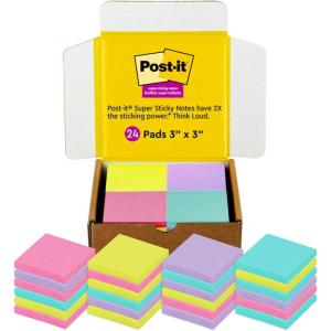 Post-it Super Sticky Notes, 3×3 in, 24 Pads/Pack, 70 Sheets/Pad, Amazon Exclusive Bright Color Collection, Aqua Splash, Acid Lime, Tropical Pink and Iris Infusion(7.4″ x 6.6″ (Pack of 8))