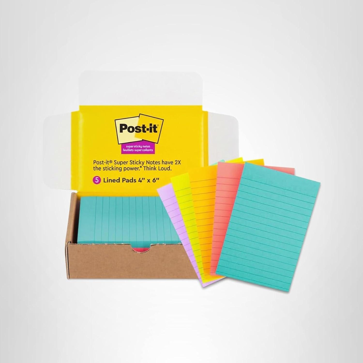 image:imagePostit Super Sticky Lined Notes 5 Sticky Note Pads 4x6 in Ideal for New Year Spring Cleaning or Second School Semester Sticky Notes for Dorm Home and Office Bright Colors5Pads