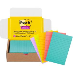 Post-it Super Sticky Lined Notes, 5 Sticky Note Pads, 4×6 in, Ideal for New Year Spring Cleaning or Second School Semester, Sticky Notes for Dorm, Home and Office, Bright Colors(5-Pads)