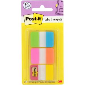 Post-it Tabs, 1 in Solid, Aqua, Yellow, Pink, Red, Green, Orange, 6/Color, 36/Dispenser (686-ALOPRYT)(0.4″ x 2.8″)