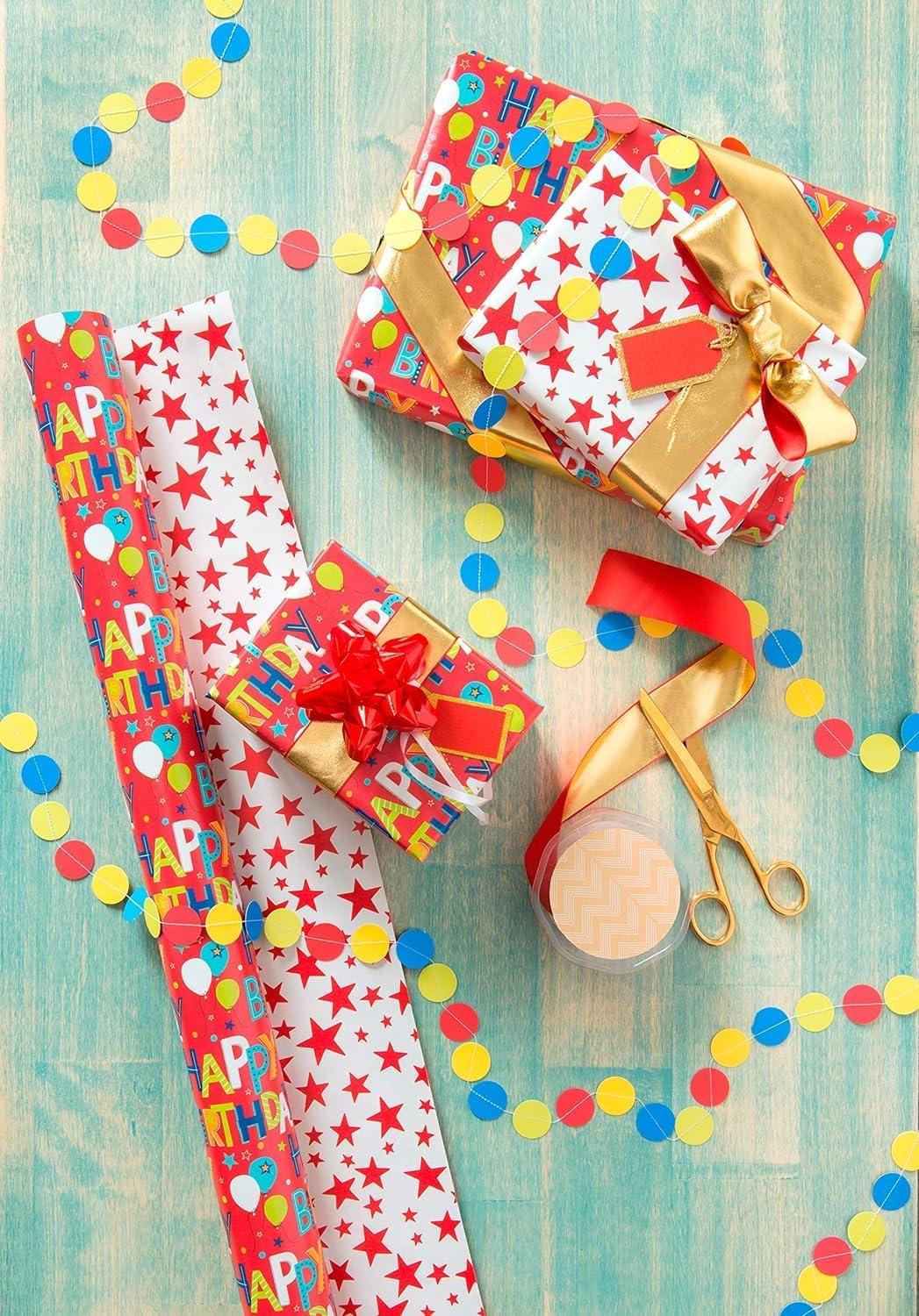 image:imageAmerican Greetings GiftWrap Bundle Reversible Wrapping Paper Happy Birthday Lettering and Stars 1 Jumbo Roll 175 sq ft and Scotch GiftWrap Tape 2 Rolls 34 in x 600 in