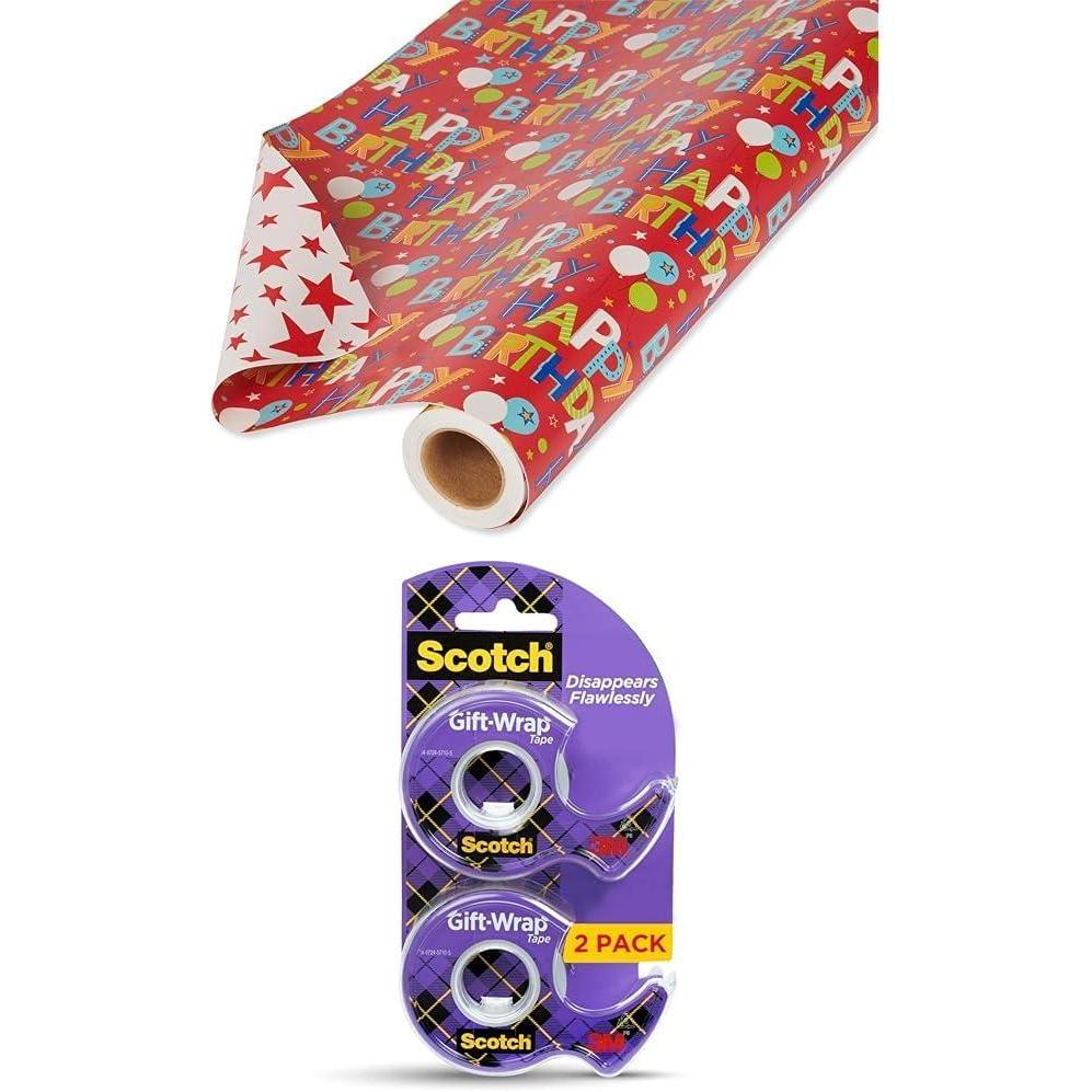 image:imageAmerican Greetings GiftWrap Bundle Reversible Wrapping Paper Happy Birthday Lettering and Stars 1 Jumbo Roll 175 sq ft and Scotch GiftWrap Tape 2 Rolls 34 in x 600 in