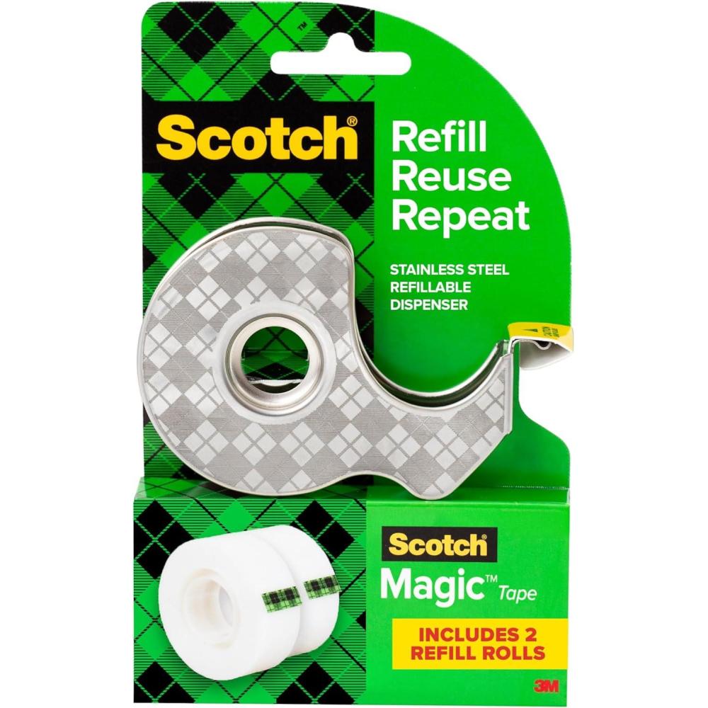 image:imageScotch Magic Stainless Steel Dispenser with 2 Rolls Tape 34 in x 600 in 19 mm x 152 m