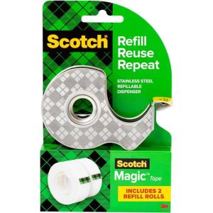 Scotch Magic Stainless Steel Dispenser with 2 Rolls Tape, 3/4 in x 600 in (19 mm x 15.2 m)