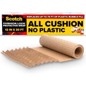 Scotch Cushion Lock Protective Wrap, 12 in. x 30 ft., Replaces Plastic Bubble, Cushions and Conforms to Secure and Protect, Sustainable Packaging Solution for Packing, Shipping and Moving, 1 Wrap(30 Foot Roll)