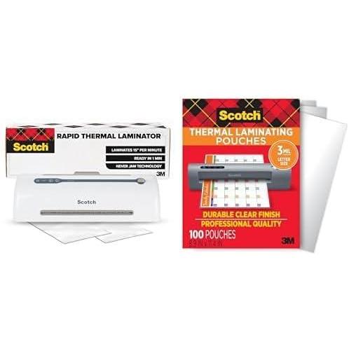 image:imageBundle of Scotch Rapid Thermal Laminator Ready in 1 Minute Never Jam Technology 9 inch 2 Pouches TL909XEF Scotch Thermal Laminating Pouches 89 x 114 Inches Letter Size Sheets 100PackScotch TL909XEF Thermal Laminator 100 Pouches 3 mil