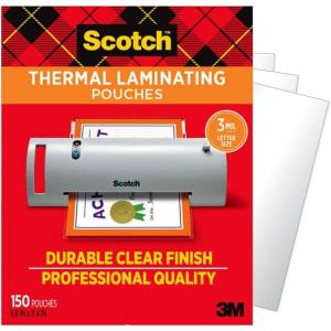 Scotch Thermal Laminating Pouches, Clear, Fits Letter Sized (8.9 in. × 11.4 in.) Paper, 150 Pouches(8.9 in x 11.4 in (228 mm x 291 mm))